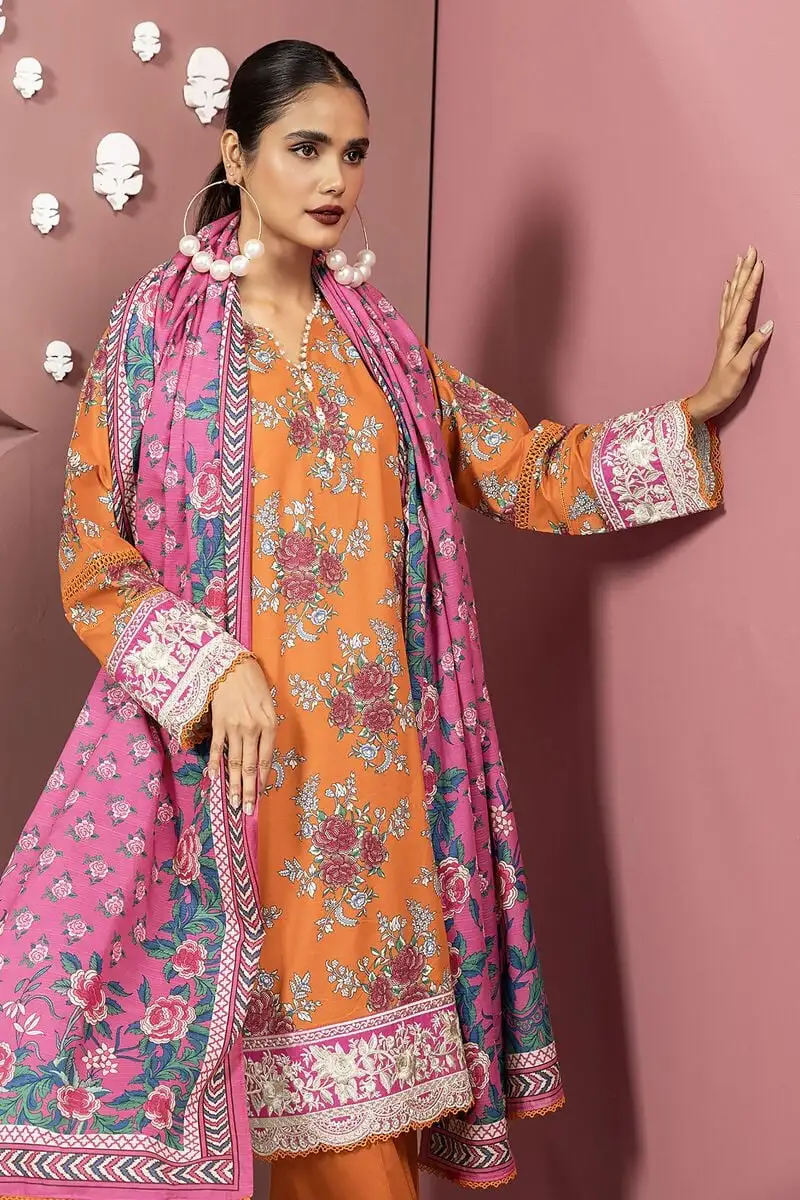 3 Piece Kurta Embroidered | Dupatta& Bottom & Tops | Color orange and pink