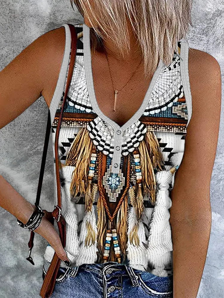 Western Tribal Eagle Tassels Button Up Tank Top