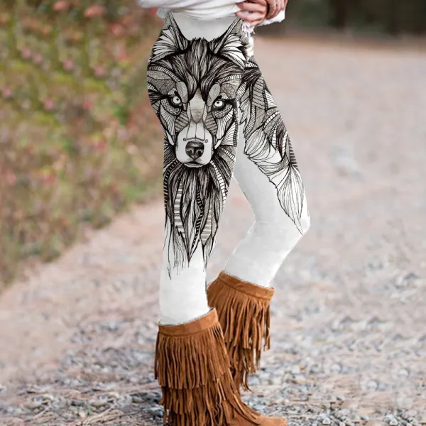 Western Wolf Print Casual Leggings