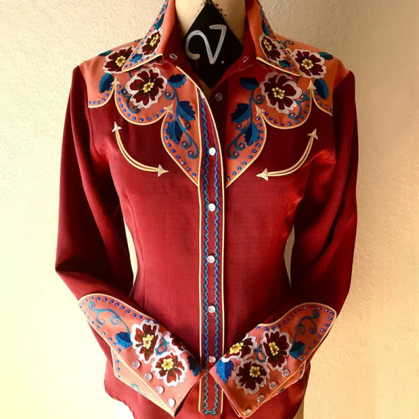 Retro Pink Floral Graphics Western Style Rodeo Shirt