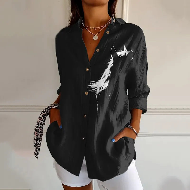 Women'S Silhouette Horse Art Print Casual Long Sleeve Shirt