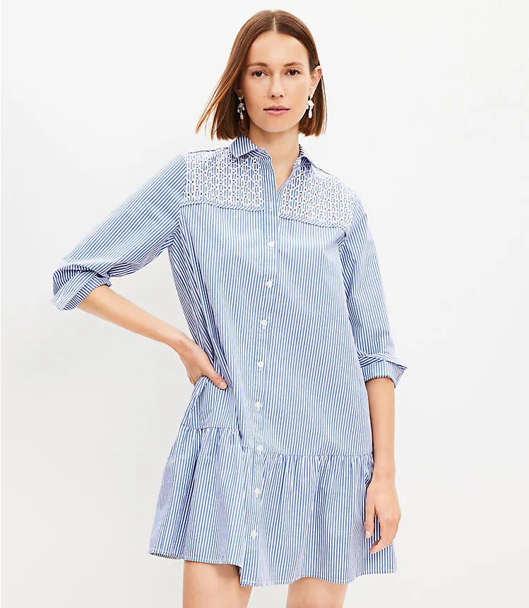 Striped Poplin Pleated Yoke Shirtdress