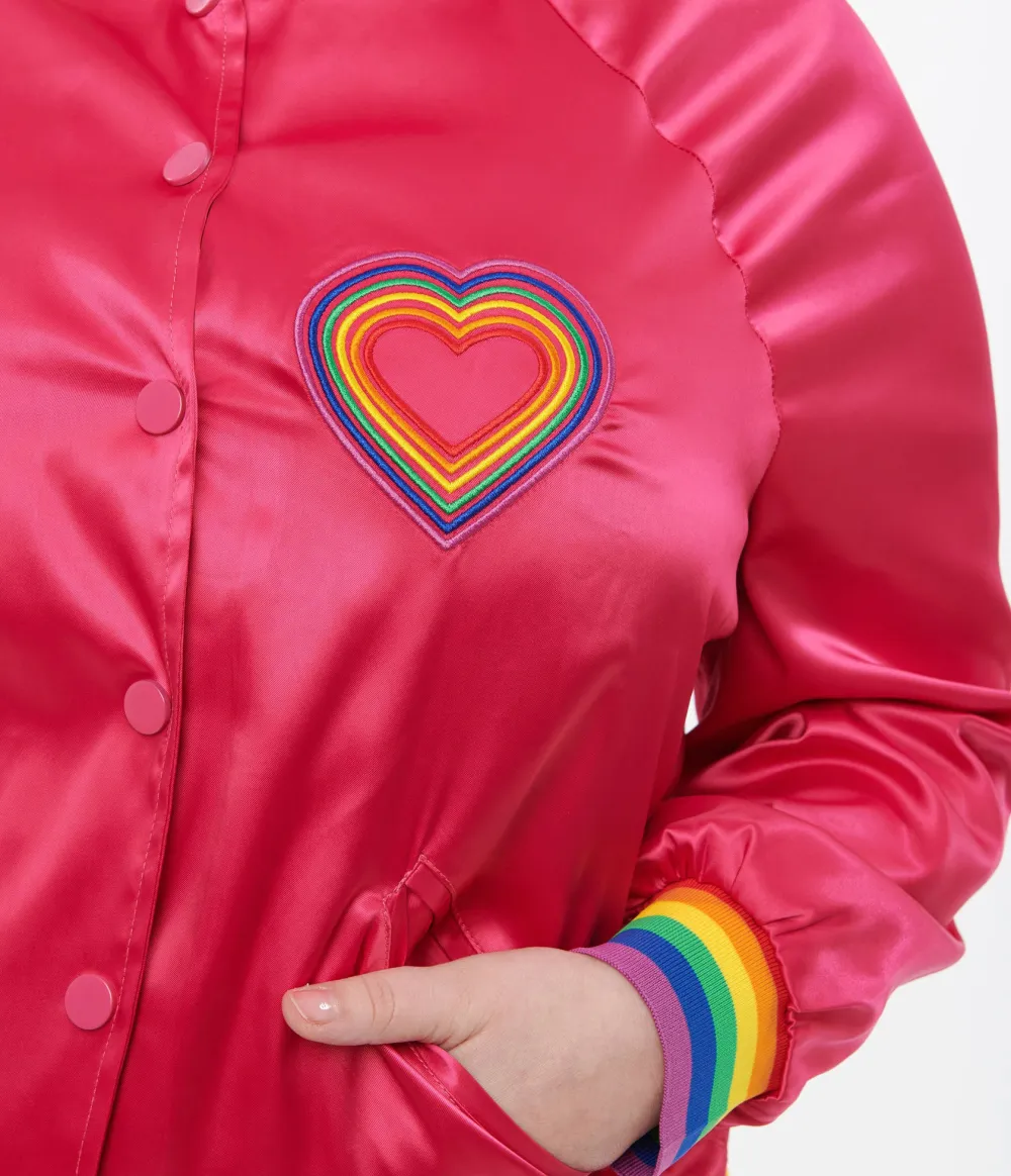 Unique Vintage Plus Size Hot Pink And Rainbow Pride Satin Bomber Jacket