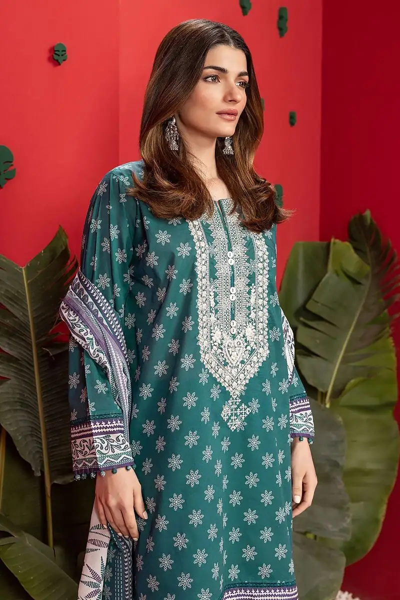 3 Piece Kurta Embroidered | Dupatta& Bottom & Tops | Color dark green