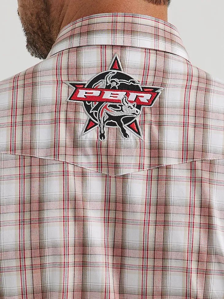 MEN'S WRANGLER® PBR® LOGO LONG SLEEVE PLAID WESTERN SNAP SHIRT IN RED TAN