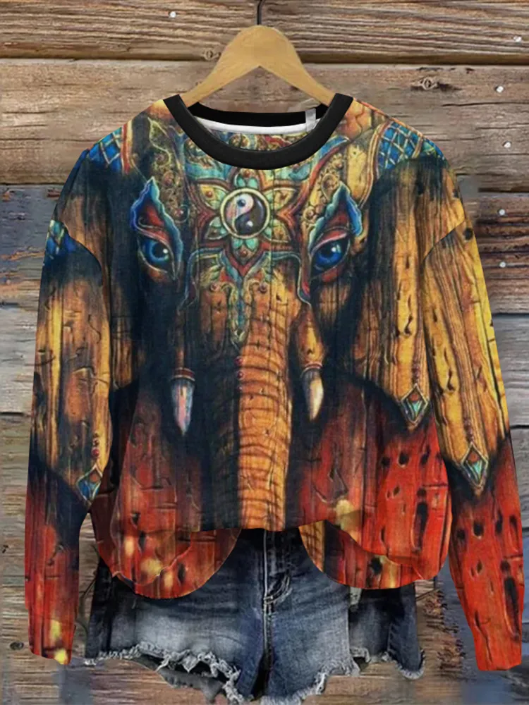 Vintage Elephant Print Women'S Crew Neck Sweatshirt