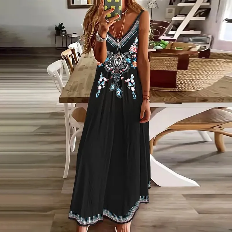 Western Tribal Printed V-Neck Maxi Dress