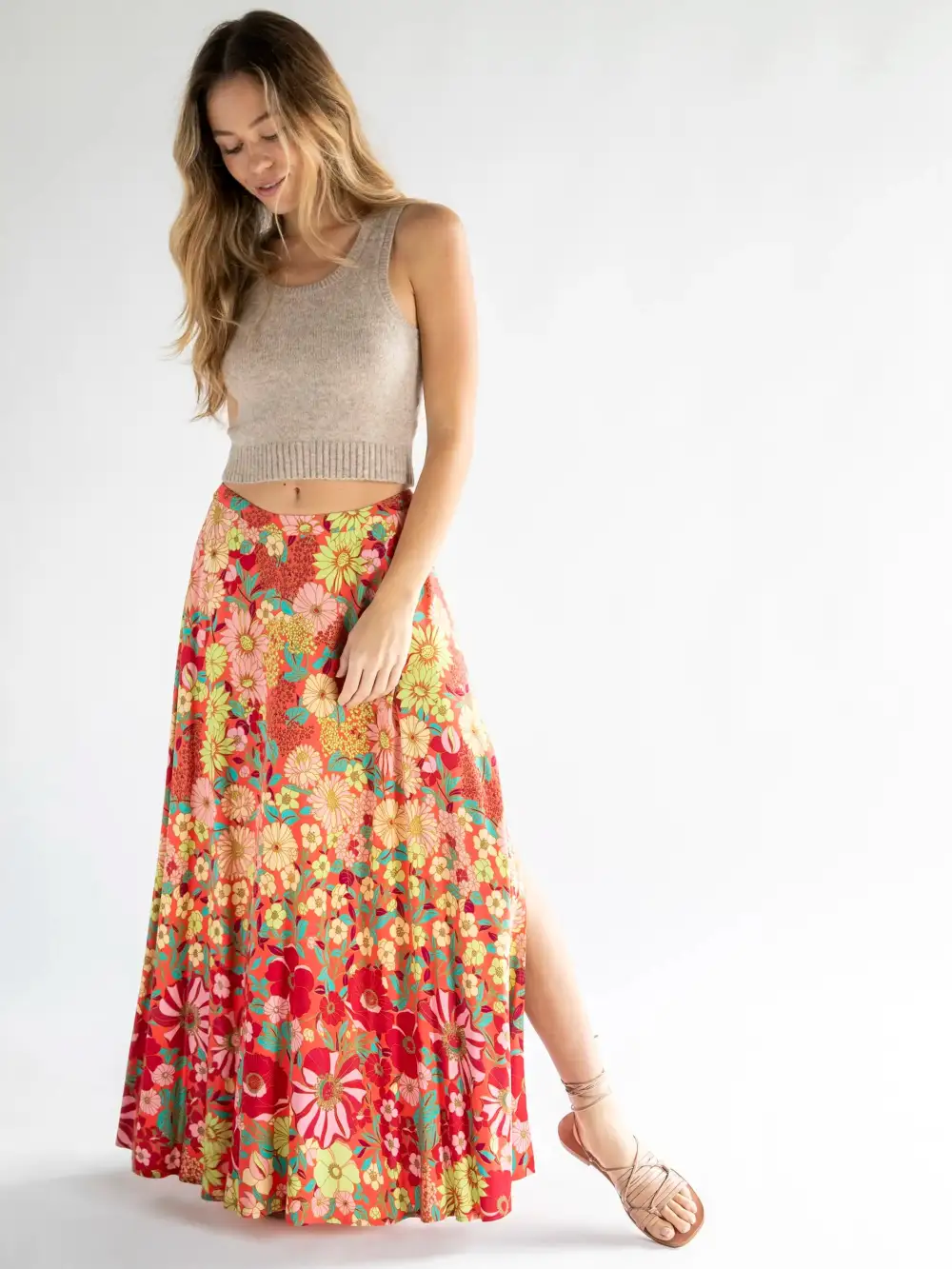 Ginger Side-Slit Maxi Skirt - Coral Lime Floral