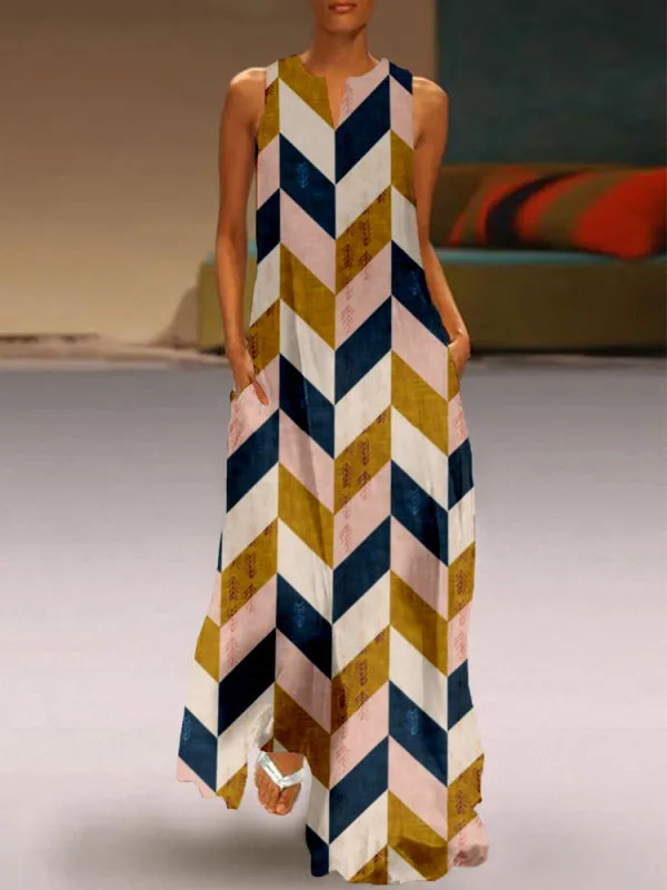 Vintage Desert Chevron Pattern Sleeveless Maxi Dress