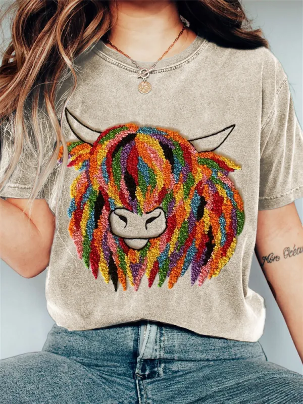 Colorful Highland Cow Embroidery Art Vintage T Shirt