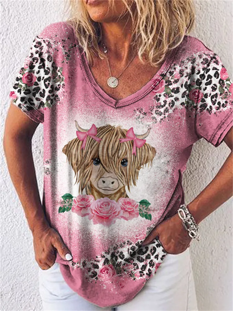 Highland Cow Rose Leopard Bleached T Shirt