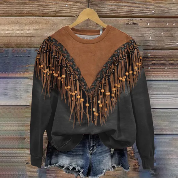 Western Tassel Printed Round Neck Long Sleeve Sweatshirt