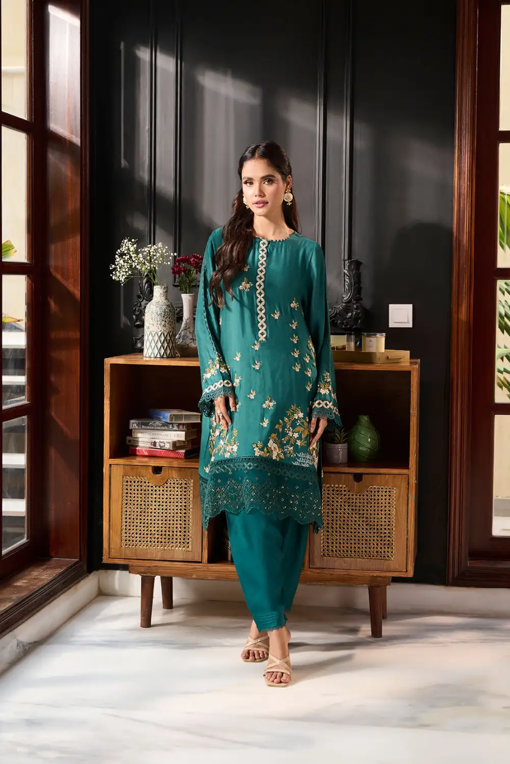 DARK GREEN 3PCS  EMBROIDERED KURTA WITH TROUSER