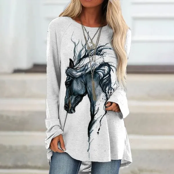 Western Horse Print Long Sleeve Casual Tunic