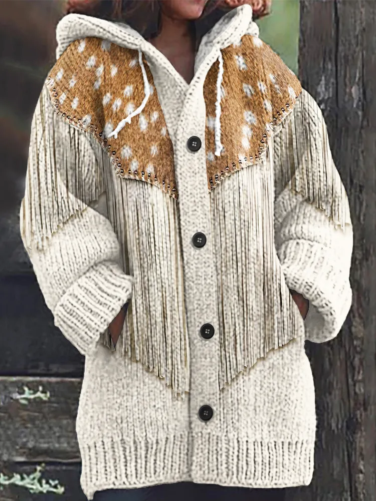 Western Fringed Print Long Sleeved Knitted Hooded Cardigan