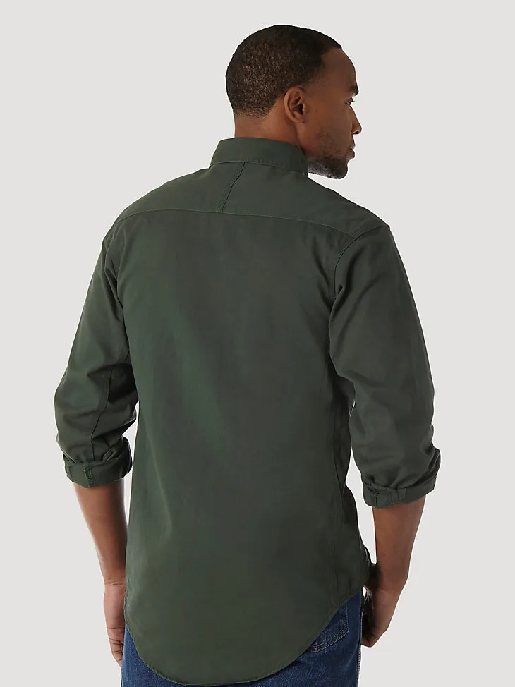 WRANGLER® RIGGS WORKWEAR® LONG SLEEVE BUTTON DOWN SOLID TWILL WORK SHIRT IN FOREST GREEN