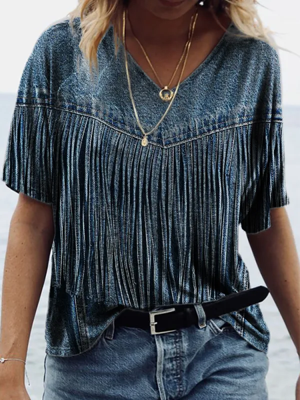 Vintage Denim Fringe V Neck T Shirt