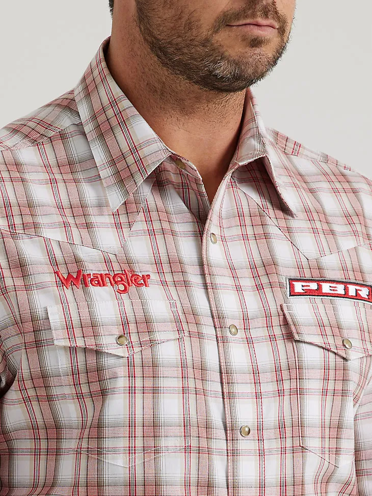 MEN'S WRANGLER® PBR® LOGO LONG SLEEVE PLAID WESTERN SNAP SHIRT IN RED TAN