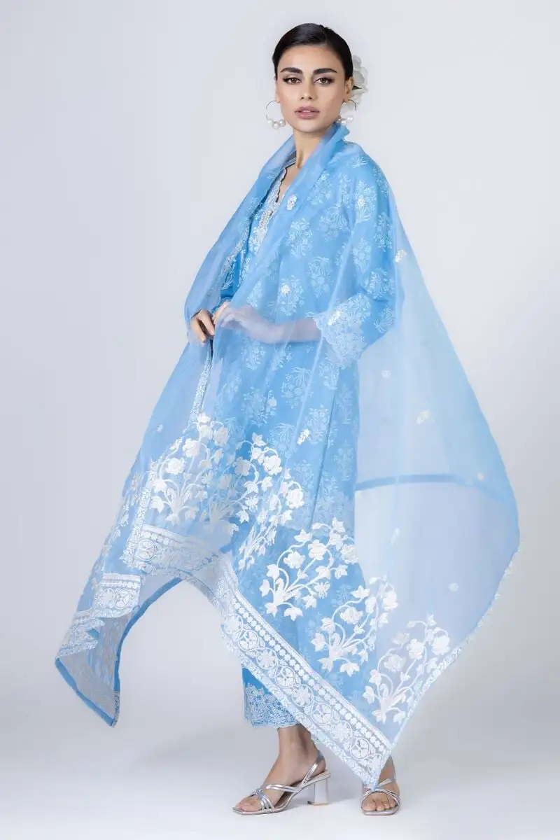 3 Piece Kurta Embroidered | Dupatta& Bottom & Tops | Color Blue