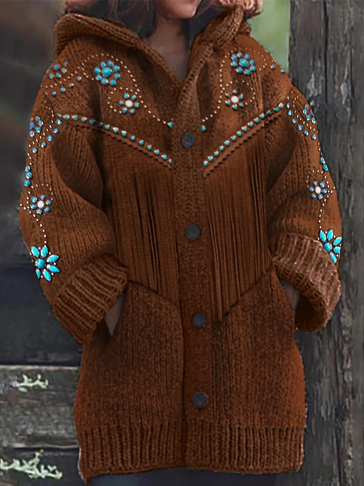 Western Turquoise Flowers Tassels Hooded Cardigan