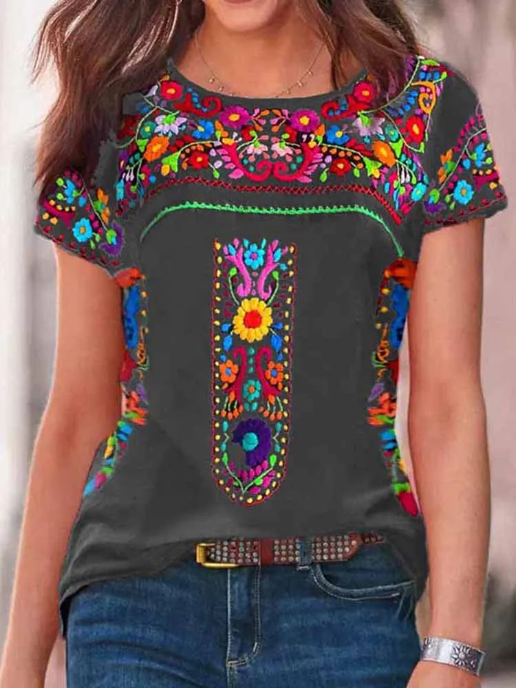 Retro Round Neck Tribal Printed Short Sleeve T-Shirt