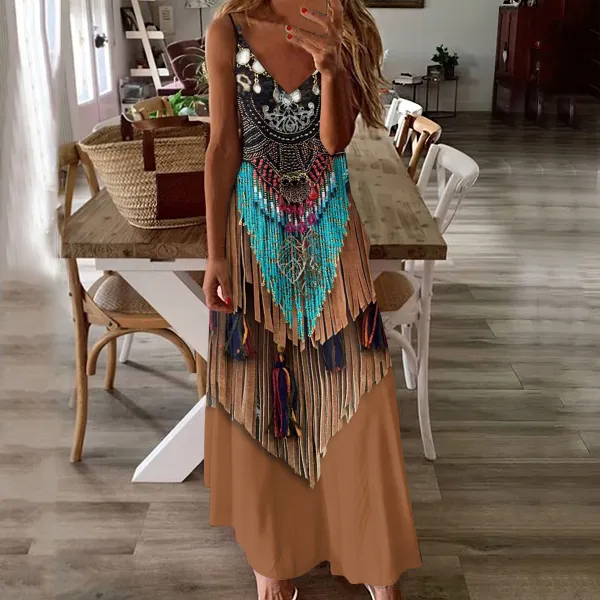 Vintage Western Tassel Printed V-Neck Suspender Maxi Dress