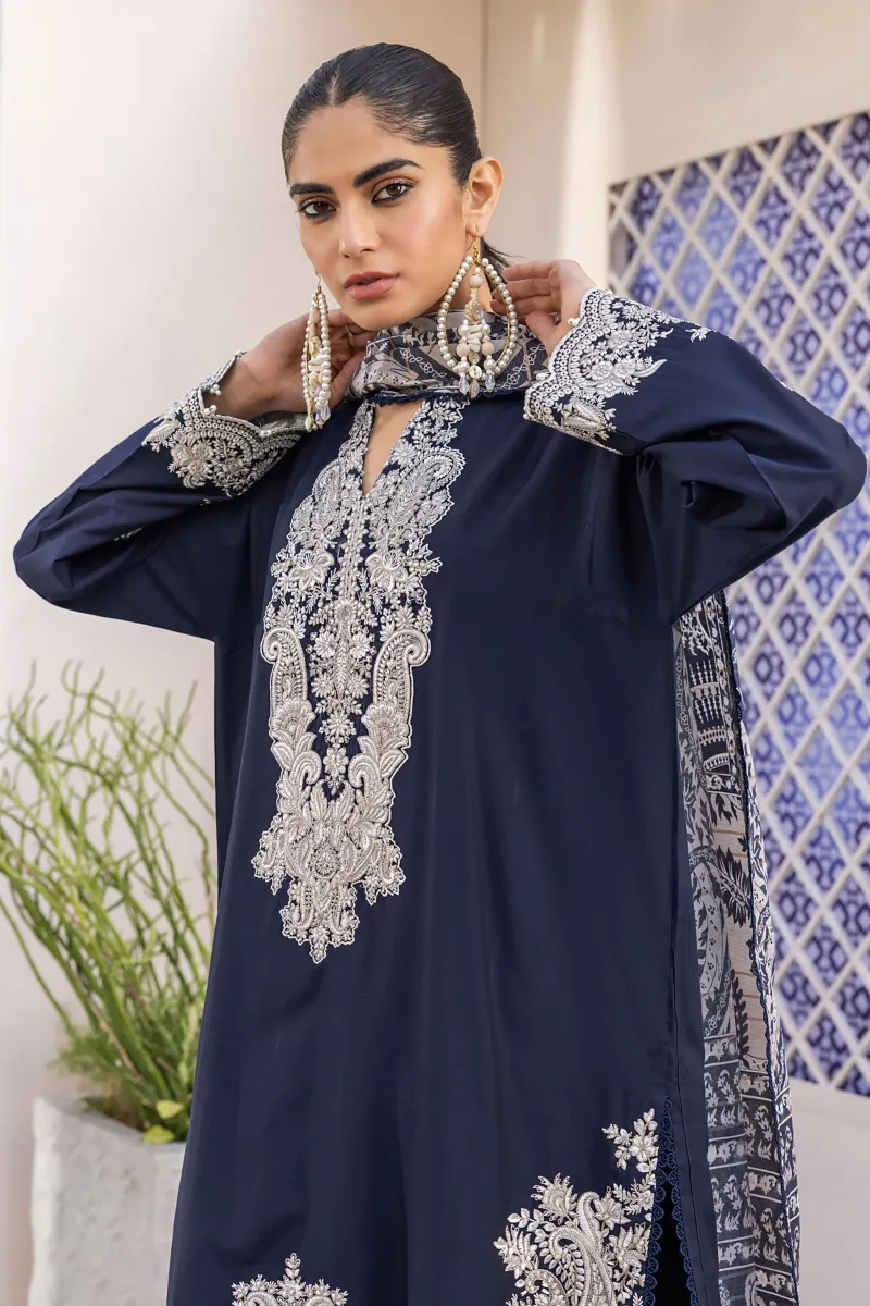 3 Piece Kurta Embroidered | Dupatta& Bottom & Tops | Color Navy Blue