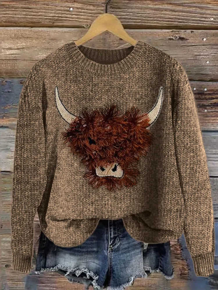 Fuzzy Highland Cow Embroidery Art Cozy Knit Sweater