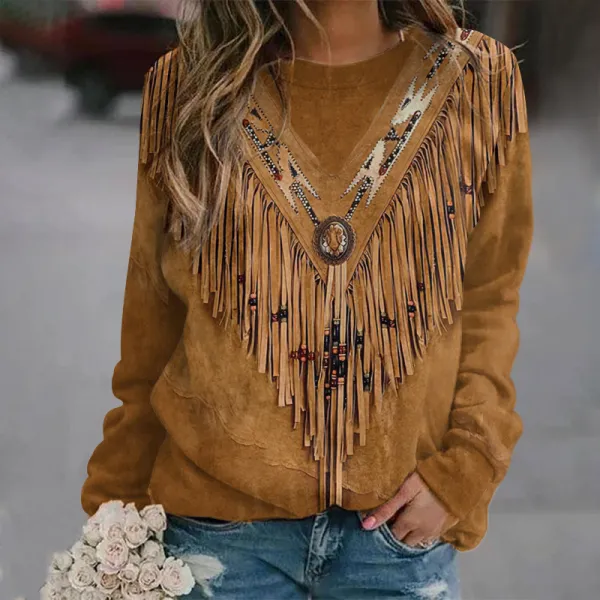 Women's Vintage Tassels Art Round Neck Casual Sweatshirt