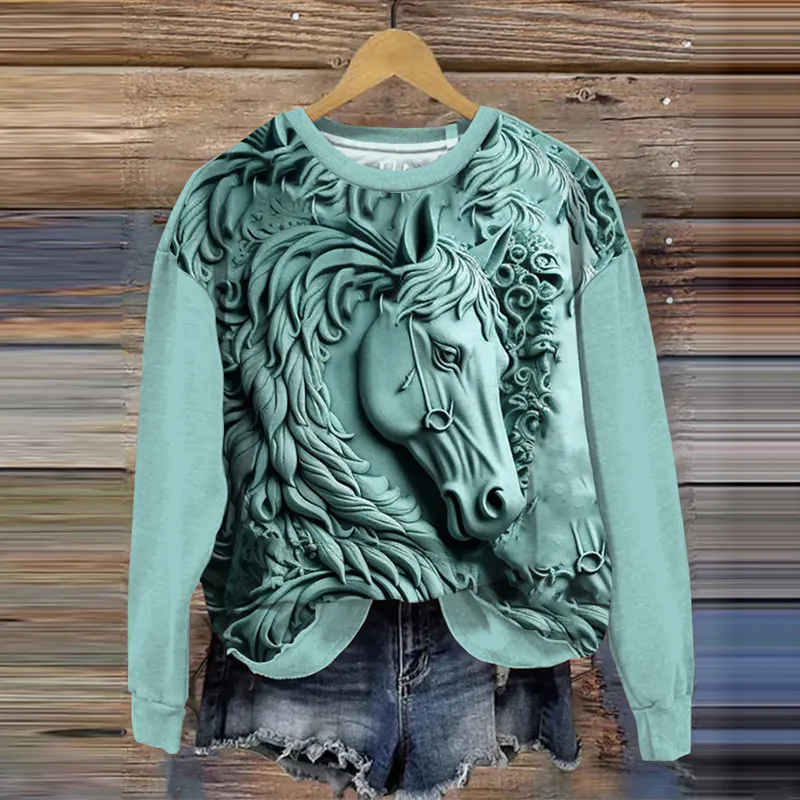 Western Horse Print Long Sleeve Sweatshirt