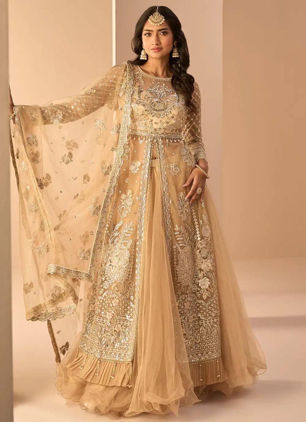 Golden Beige Embroidered Anarkali Style Lehenga