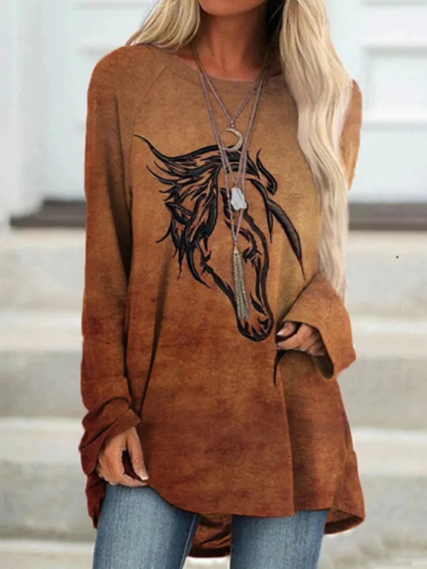 Western Animal Horse Printed Long Sleeve Tunic