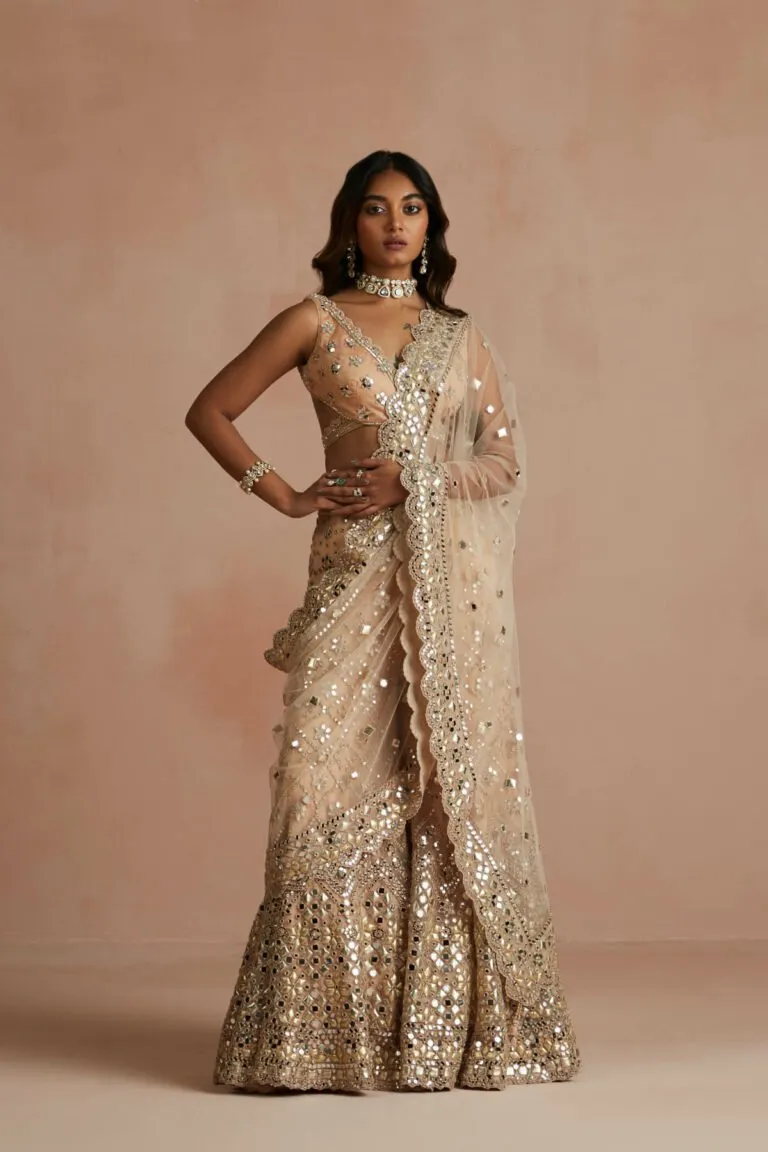 Deep Nude Mirror & Applique Drape Sharara Set