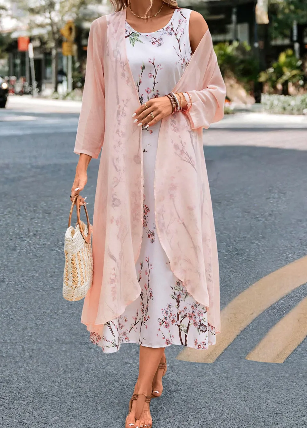 Floral Print Two Piece Pink Maxi Dress and Cardigan