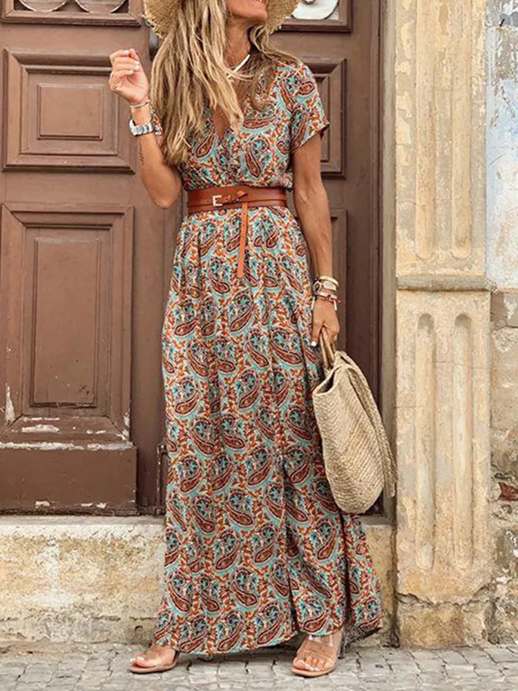 Short Sleeve V-Neck Print Maxi Dress