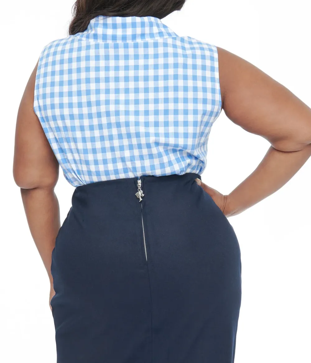 Barbie X Unique Vintage Plus Size 1950s Blue And White Gingham Commuter Set Collar Blouse