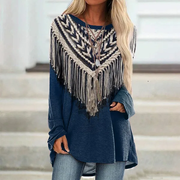 Western Tassel Printed Long Sleeve Casual Tunic