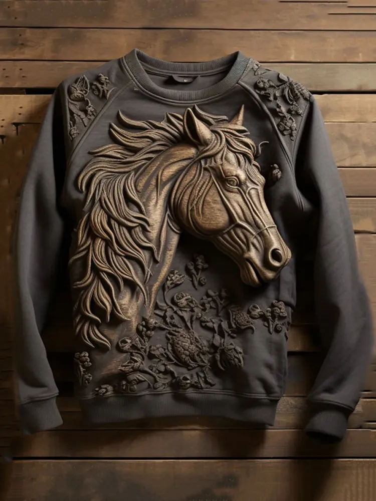 Western Horse Print Long Sleeve Casual Sweatshirt