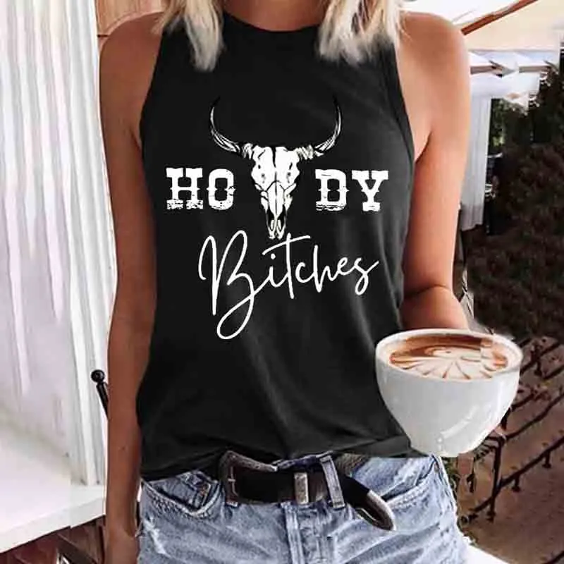 Western Howdy Bitches Bull Skull Tank Top