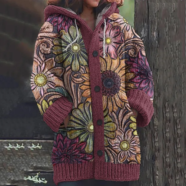 Western Vintage Color Flower Knitted Hooded Cardigan