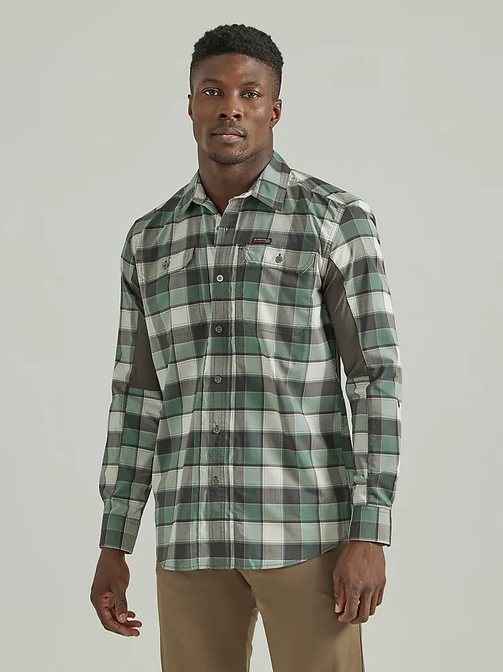 ATG BY WRANGLER™ PLAID MIXED MATERIAL SHIRT IN TRAVERTINE