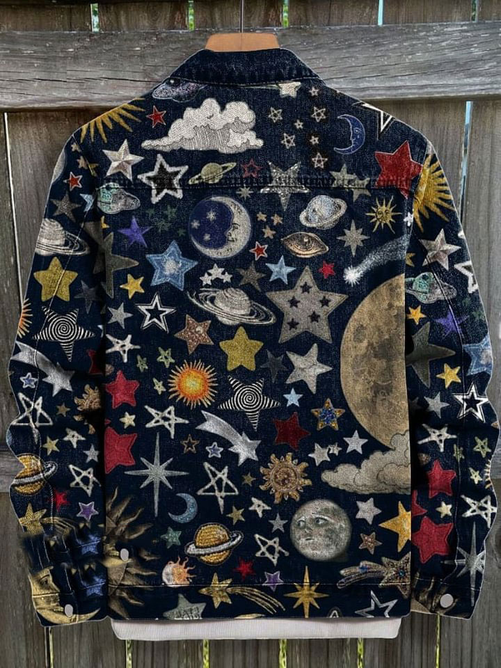 Vintage Star Pattern Art Print Casual Denim Jacket