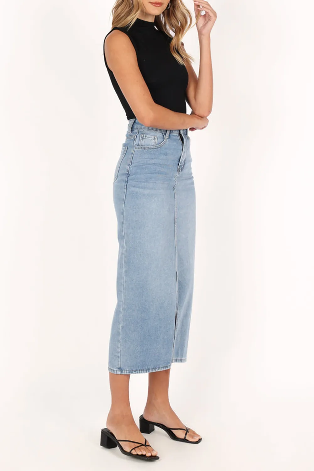 DANA DENIM MIDI SKIRT - BLUE WASH