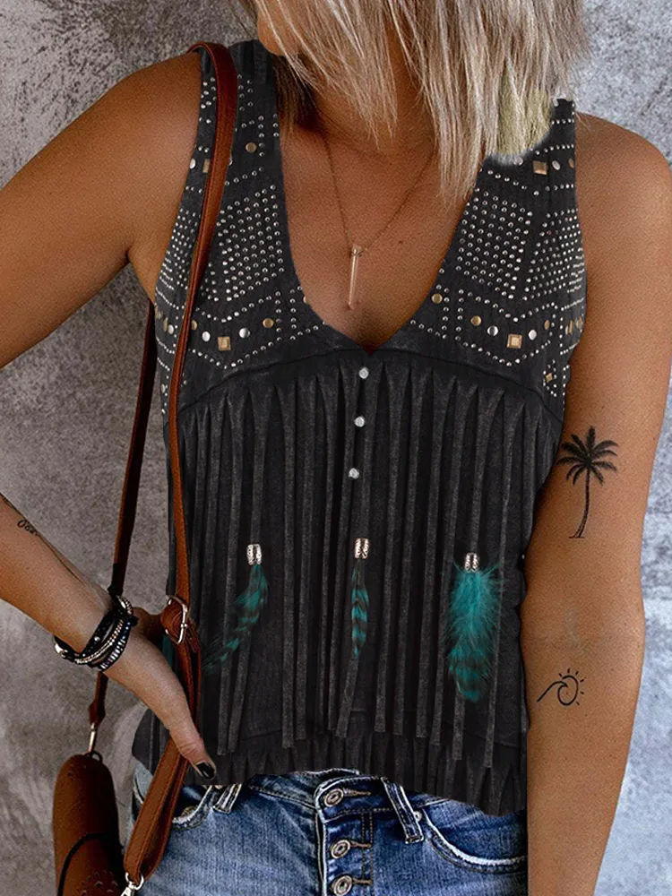 Western Fringe & Feather Graphic Button Up Tank Top