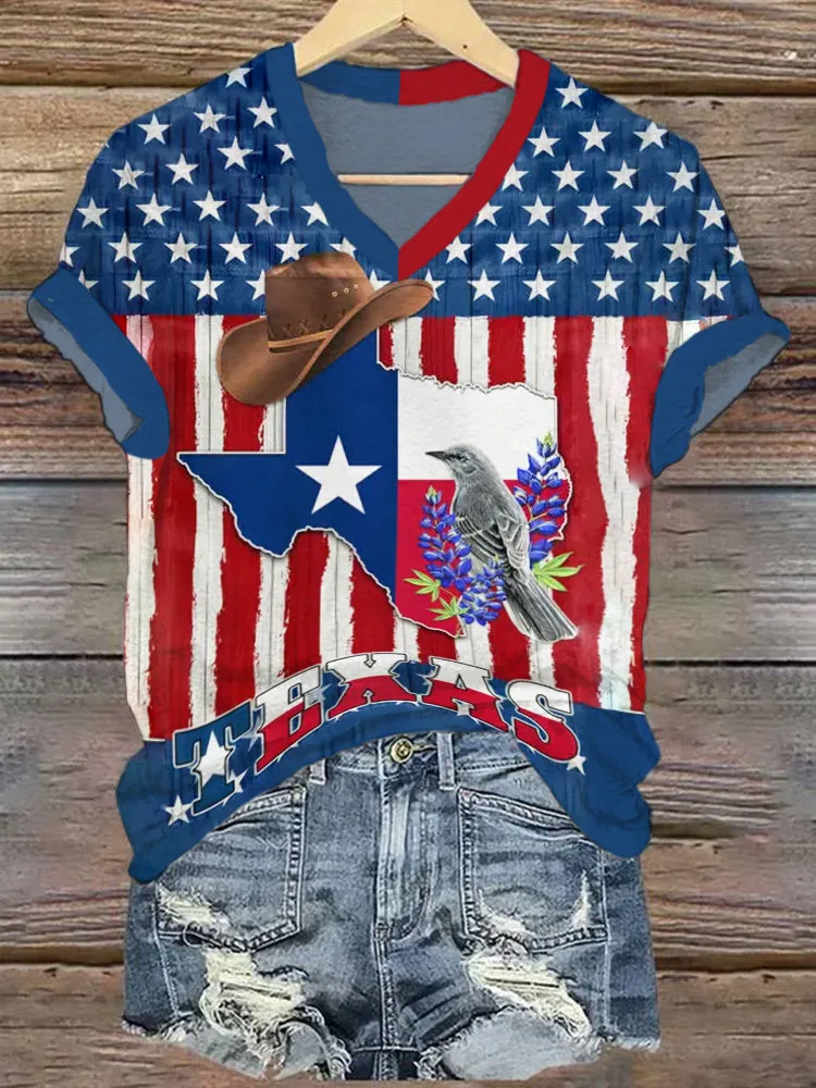 Texas Bluebonnet and Mockingbird American Flag Print Unisex V-Neck T-Shirt