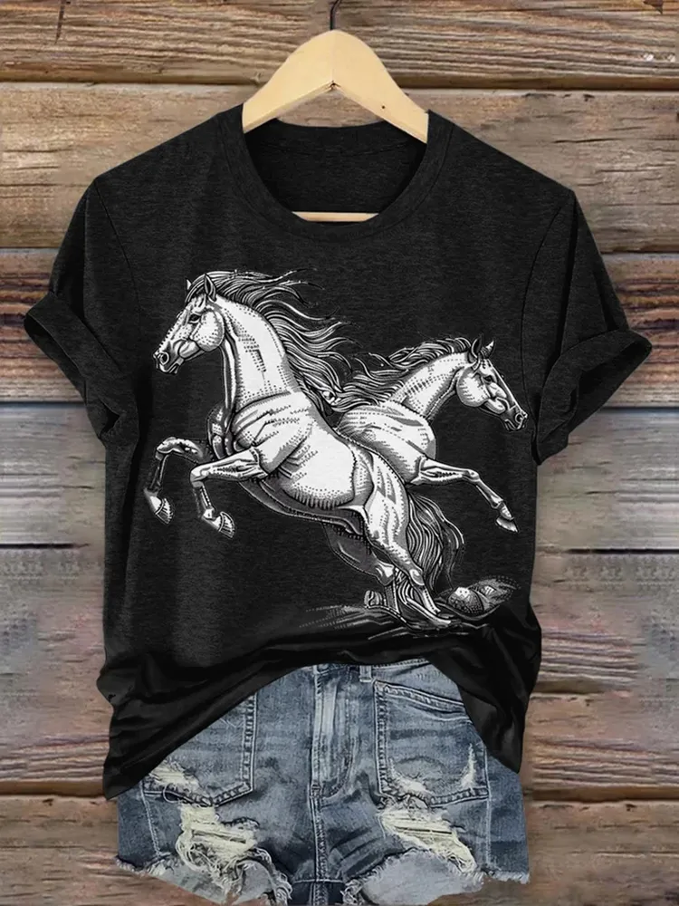 Women'S Vintage Western Horse Print Casual T-Shirt