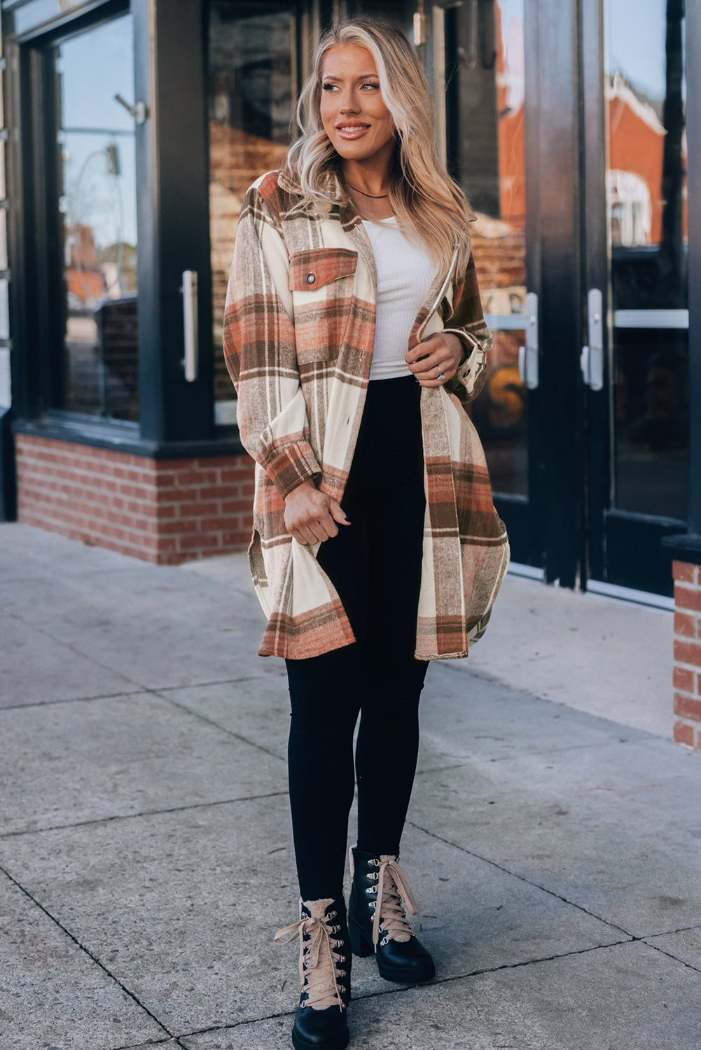 Brown Plaid Print Flap Pockets Long Shacket