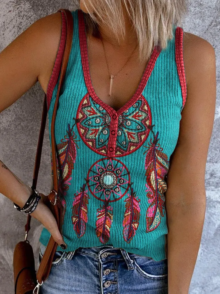 Dream Catcher Turquoise Embroidered Tank Top