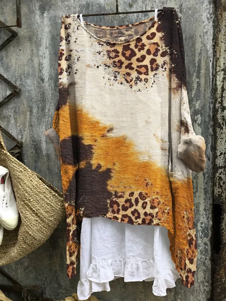 Western Leopard Cowhide Flowy Linen Blend Tunic