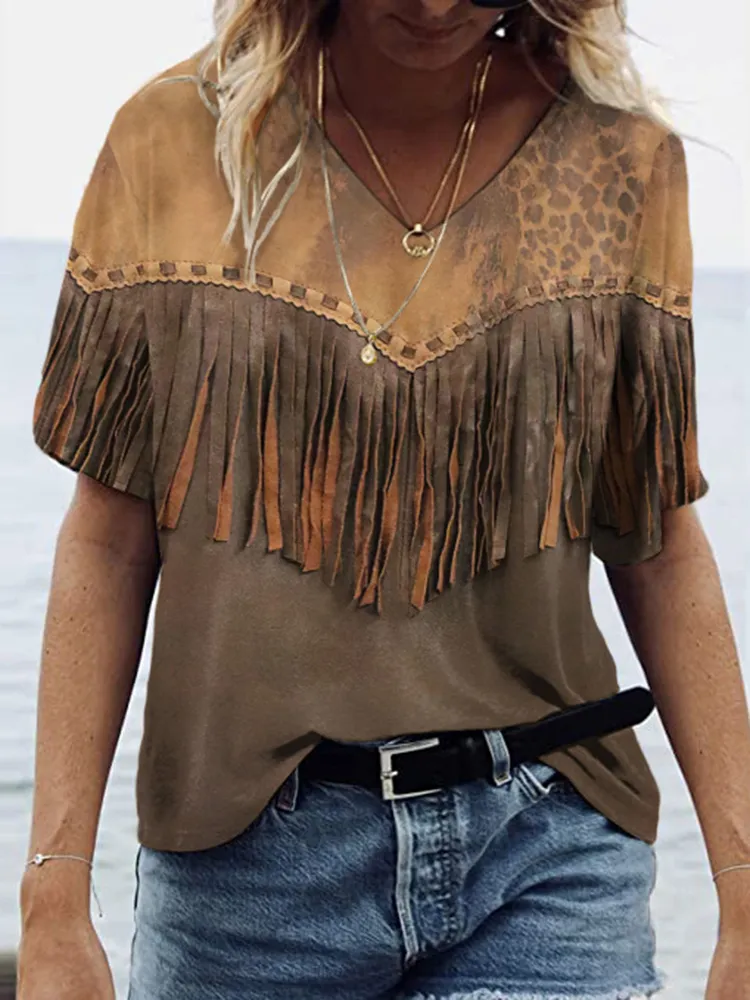 Vintage Western Tassel Print V-Neck Casual T-Shirt